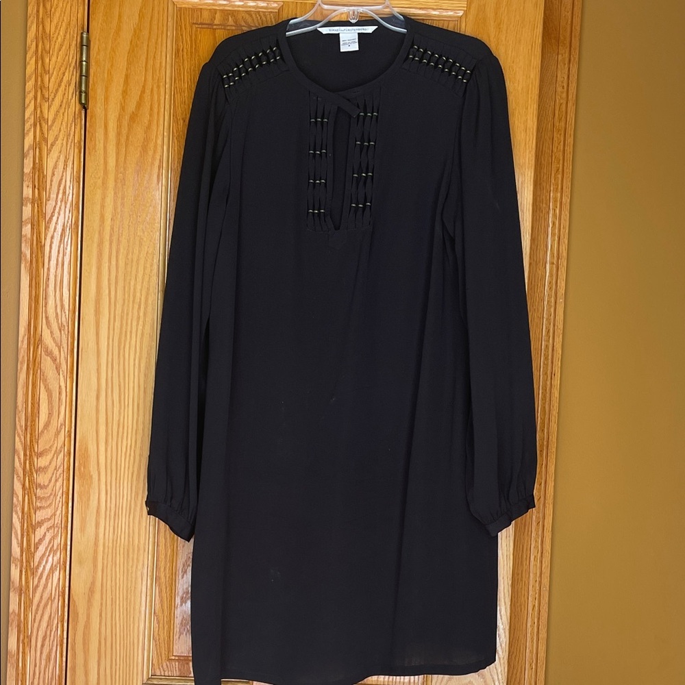 Diane Von Furstenberg Black Long-Sleeve Shift Dress with Bead Trim